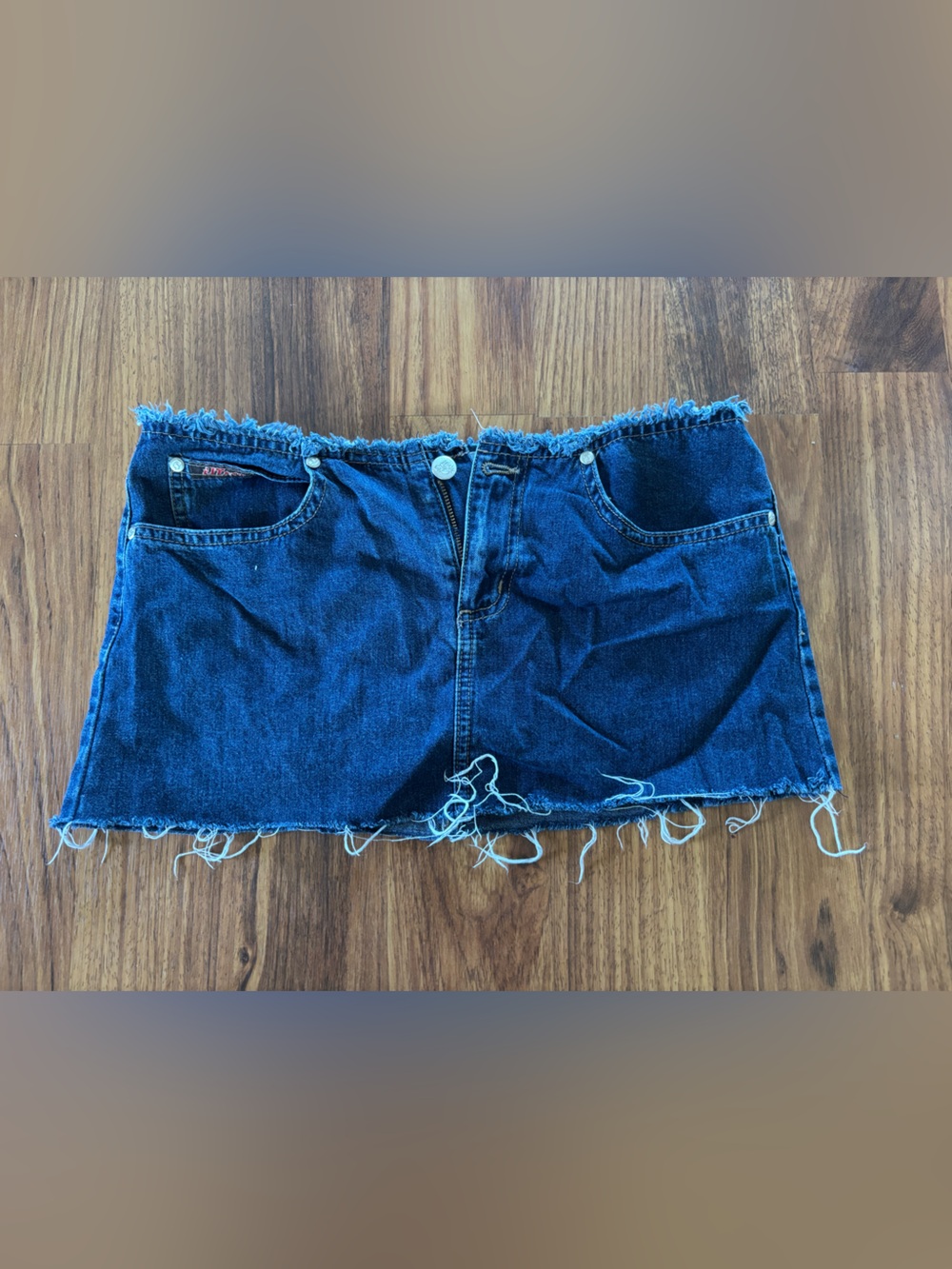 Denim Mini Skirt with Frayed Hem - Dark Blue